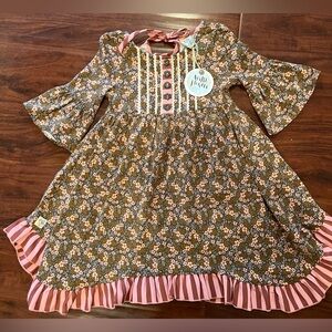 NWT Wildflowers Clothing Co. Brown Pink Floral dress Bell sleeves ruffle fall 4